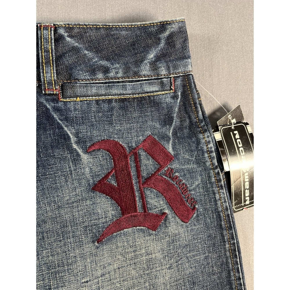 Rocawear Denim Mini Skirt Dark Wash Embroidered Logo Y2K Size 1/2 - Picture 4 of 8